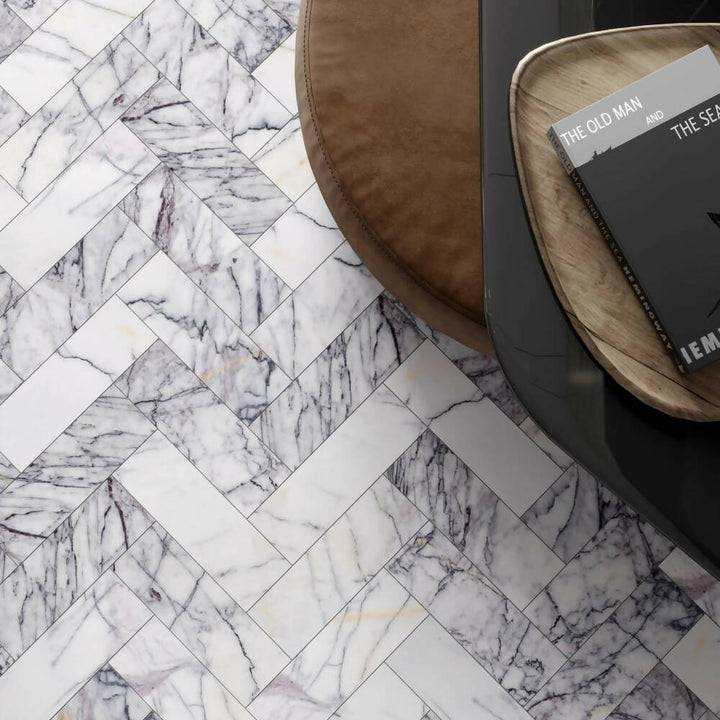 LILAC MARBLE HERRINGBONE TILES